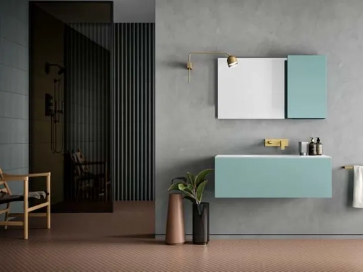 Mobile da Bagno moderno sospeso in laccato e top in Corian Hosoi 03 di Birex