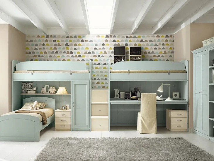 Cameretta in legno finitura Azzurro fiordo a soppalco N16 Nuovo Mondo con tre letti di Scandola