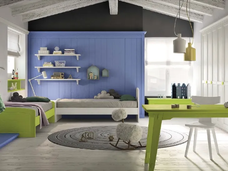 Cameretta N23 Nuovo Mondo in legno laccato Blu oltremare, Lime e Bianco gesso di Scandola