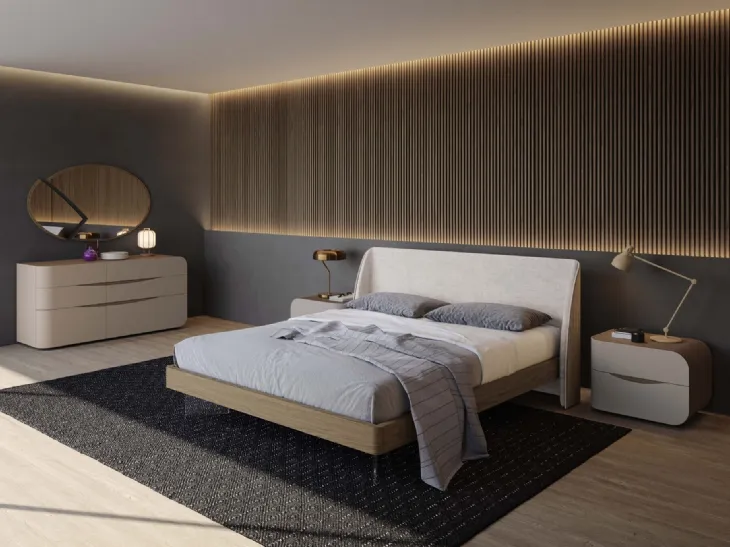 Letto in legno di quercia con imbottitura frontale in velluto e piedini in vetro Eikon di Voltan