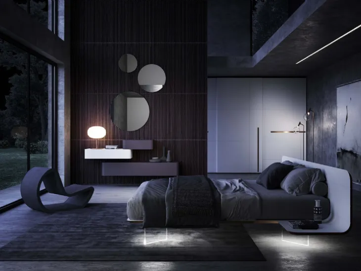 Letto No-Vo laccato bianco con piedi luminosi di Voltan