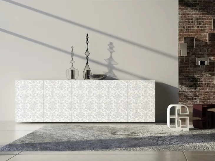 Madia a 5 ante Comp 11 in laccato opaco bianco con incisione di Voltan