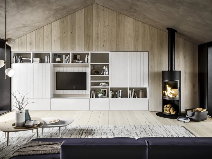 Parete Attrezzata in legno finitura bianco gesso con TV a scomparsa M05 Maestrale di Scandola