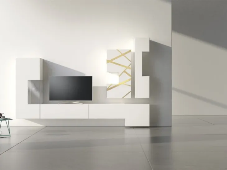 Parete Attrezzata in laccato bianco con inserto in bronzo graffiato Comp 16 di Voltan