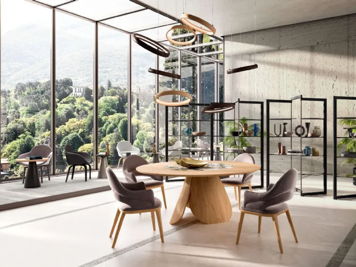 Tavolo rotondo allungabile in legno Veliero con vassoio girevole Lazy Susan in ceramica incassato nel piano di Ozzio