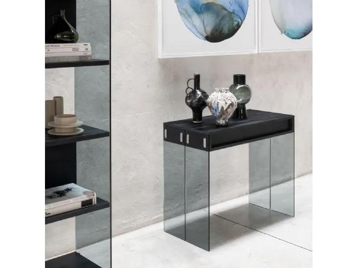 Tavolo Consolle allungabile con top e allunghe in laminato ecologico e gambe in vetro temperato City di Pezzani
