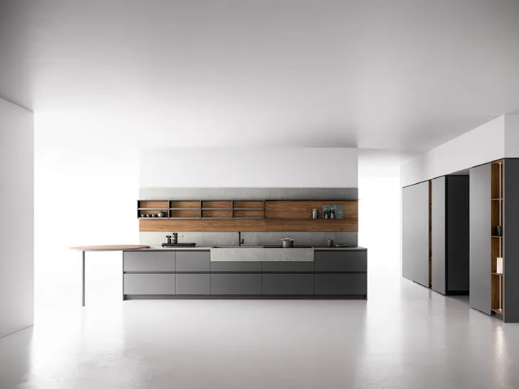 Cucina Moderna con penisola Anice 02 in laccato opaco Piombo e Noce classico con top in Laminam Pietra Piasentina di Valdesign