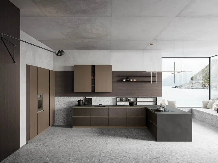 Cucina Moderna con penisola Anice 03 in Rovere Carbone, nobilitato Old Brass e Calce Nero di Valdesign