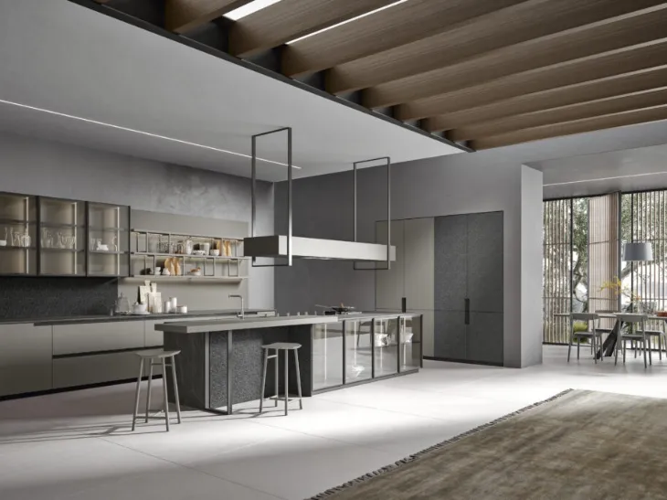 Cucina Moderna lineare in rovere, laccato, ferro e vetro Eclettica 03 di Scandola