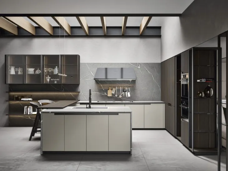 Cucina Moderna angolare in legno di Rovere termocotto e laccato opaco Eclettica 04 di Scandola