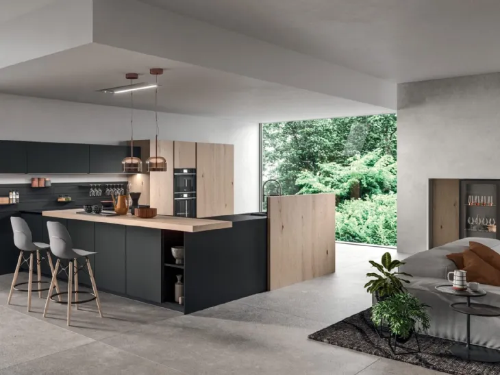 Cucina Moderna con penisola Time 04 in vetro Nero opaco e impiallacciato Rovere nordico nodato di Gentili Cucine