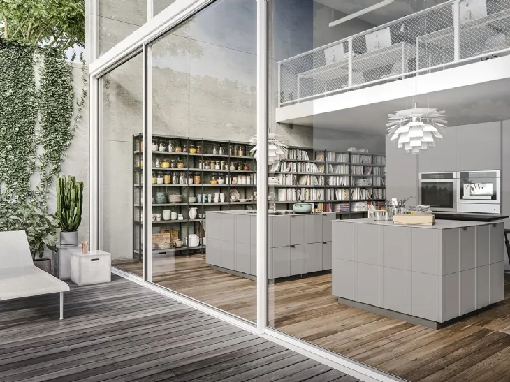 Cucina Moderna Maggiorana 03 con doppia isola in laccato opaco Platino di Valdesign